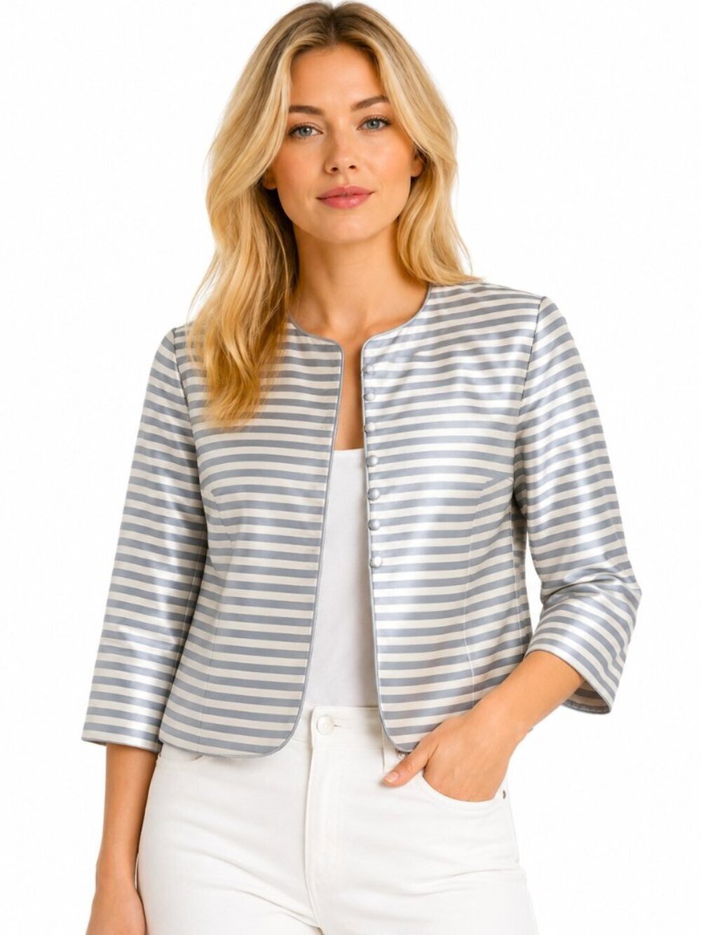Kasper Dusty Blue Stripe Silk Dupioni Jacket